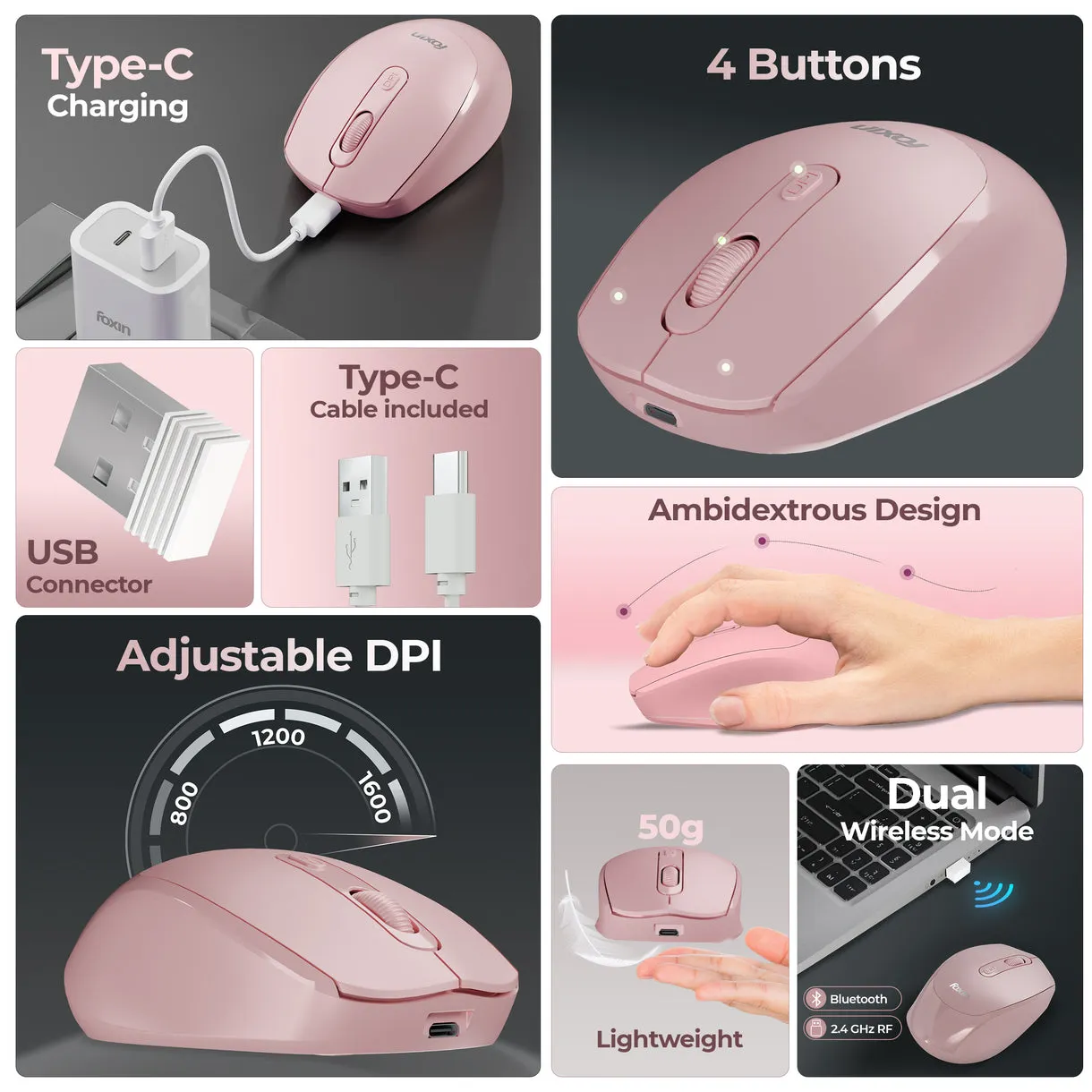 Foxin Wireless Mouse Flow 2.4G + BT (Flow) Pink view 2